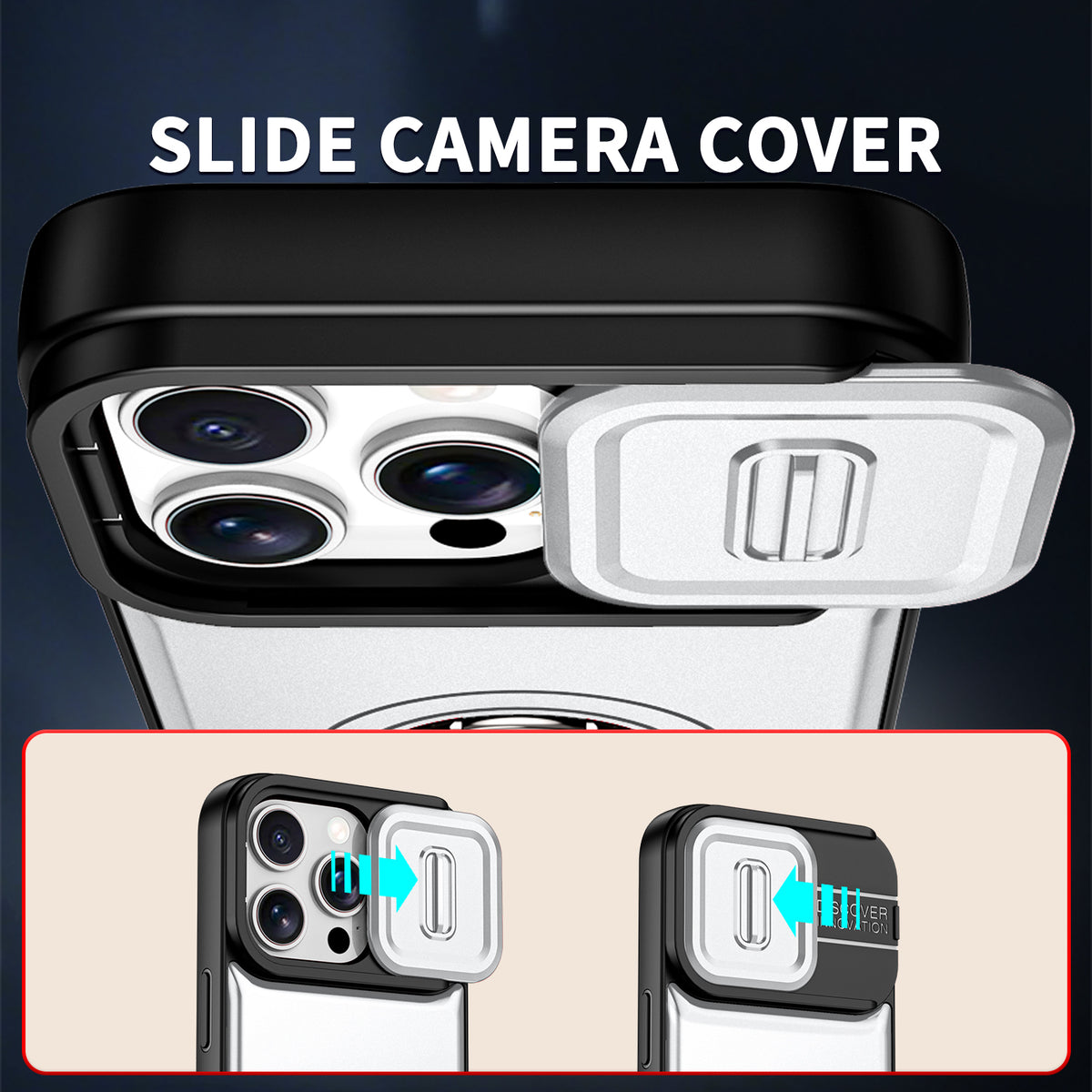 For iPhone 14 Pro Case with Slide Camera Cover Kickstand PC + TPU Protective Phone Shell