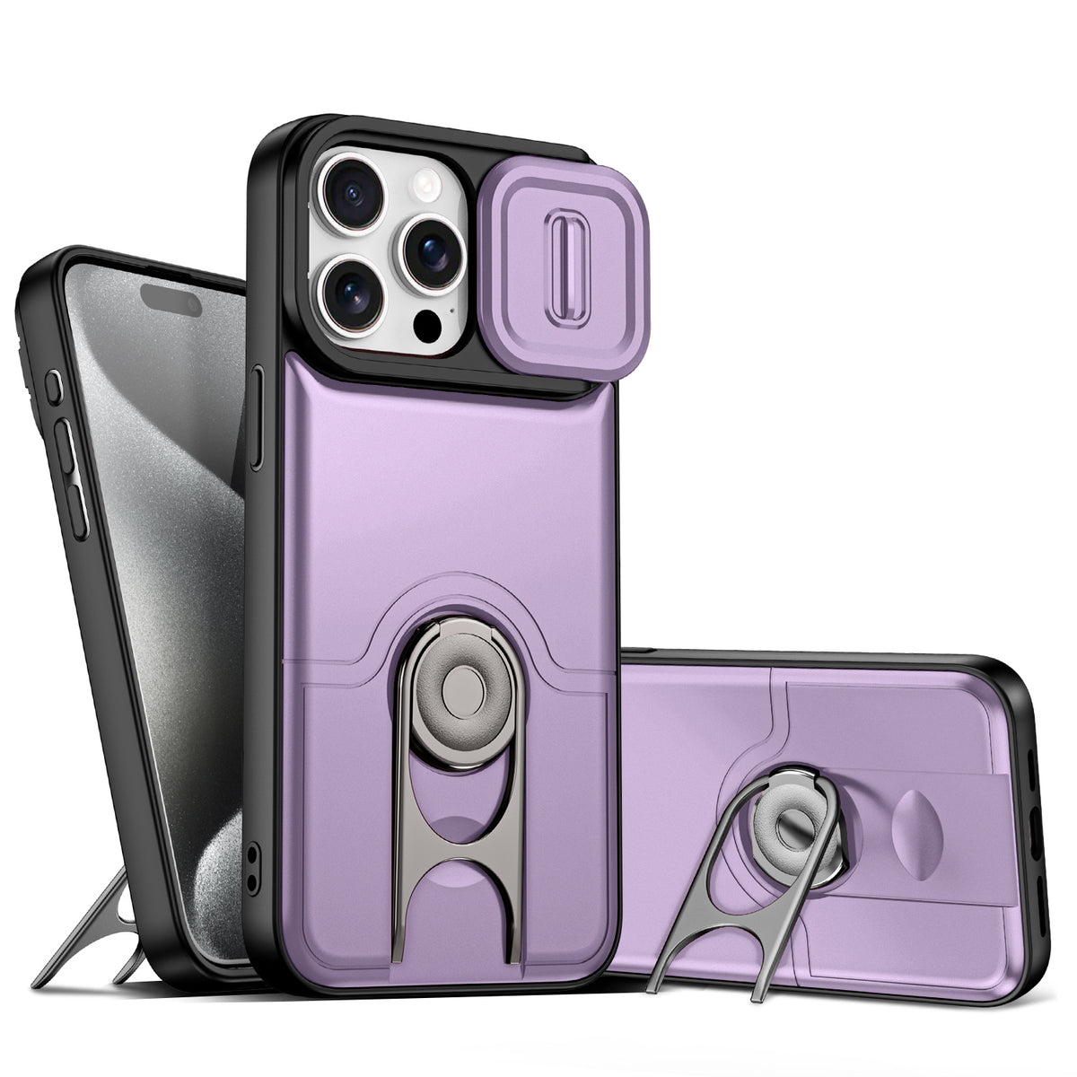 For iPhone 14 Pro Case with Slide Camera Cover Kickstand PC + TPU Protective Phone Shell