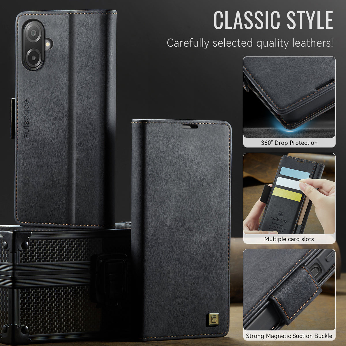 AUTSPACE til Samsung Galaxy A07 4G / Galaxy A06 4G / Galaxy A06 5G / Galaxy A08 5G / Galaxy A08 4G A11 cover RFID-blokerende retro læder mobiltelefonpung-cover