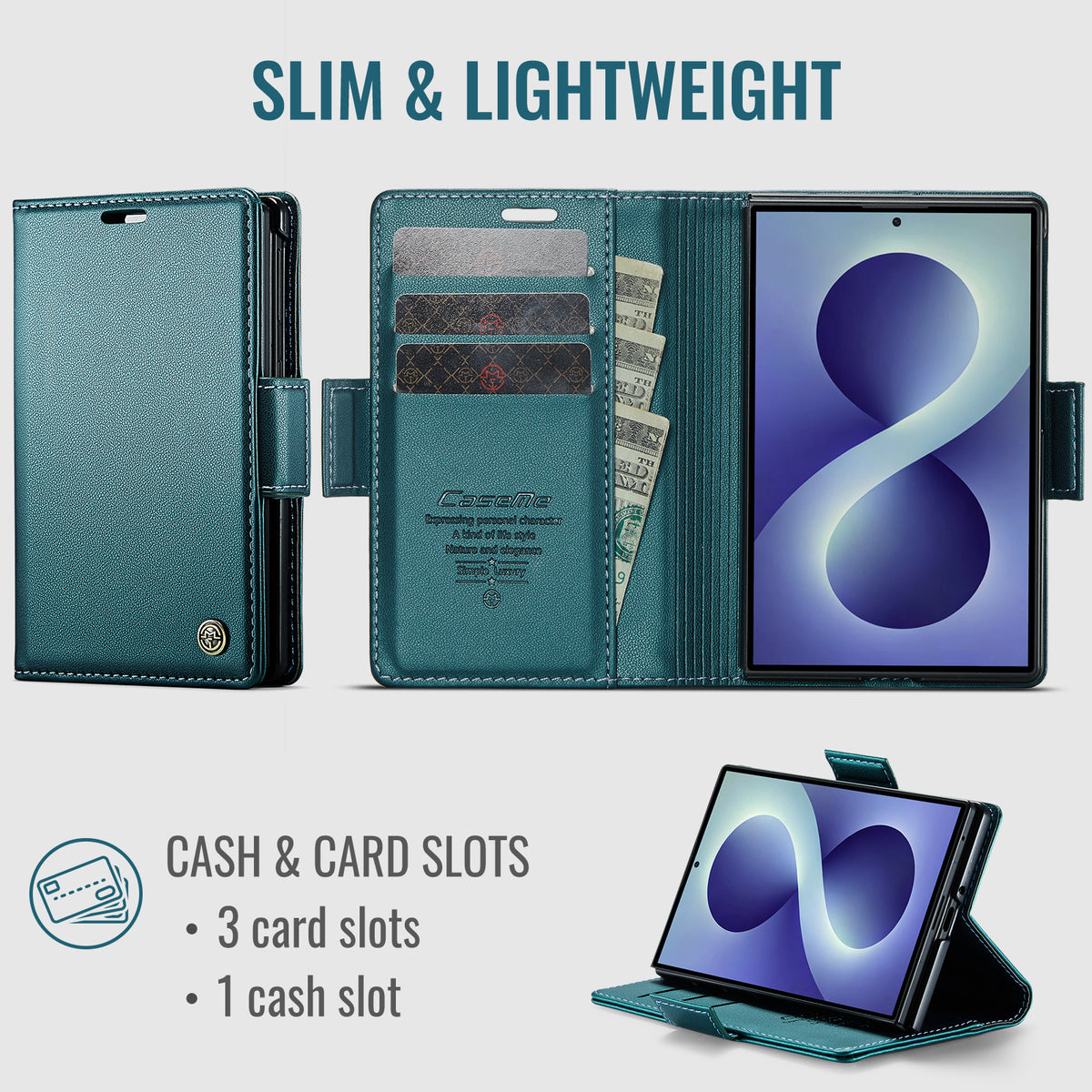 CASEME til Samsung Galaxy Z Fold8 cover 023-serien RFID-blokerende pung stand skinnende Litchi tekstur læder telefoncover