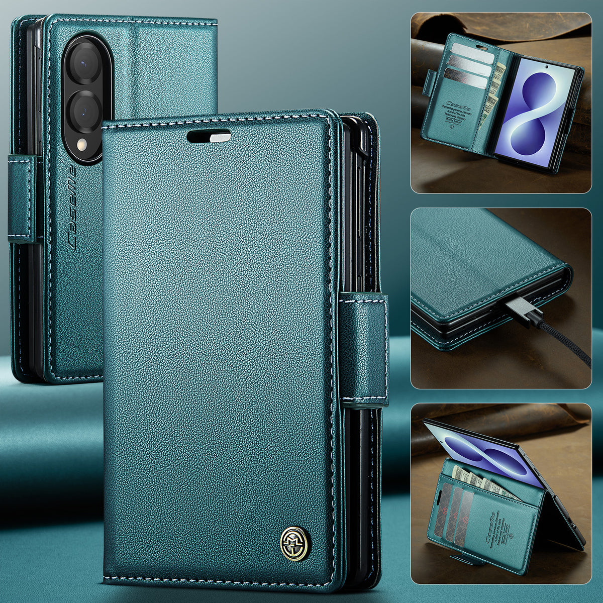 CASEME til Samsung Galaxy Z Fold8 cover 023-serien RFID-blokerende pung stand skinnende Litchi tekstur læder telefoncover