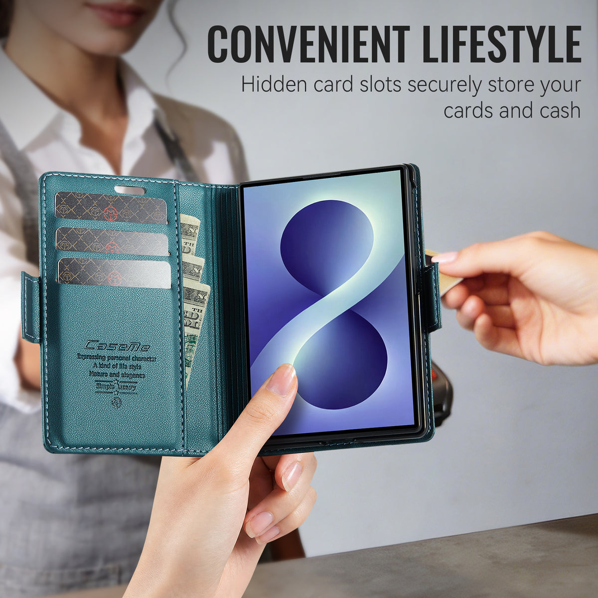 CASEME til Samsung Galaxy Z Fold8 cover 023-serien RFID-blokerende pung stand skinnende Litchi tekstur læder telefoncover