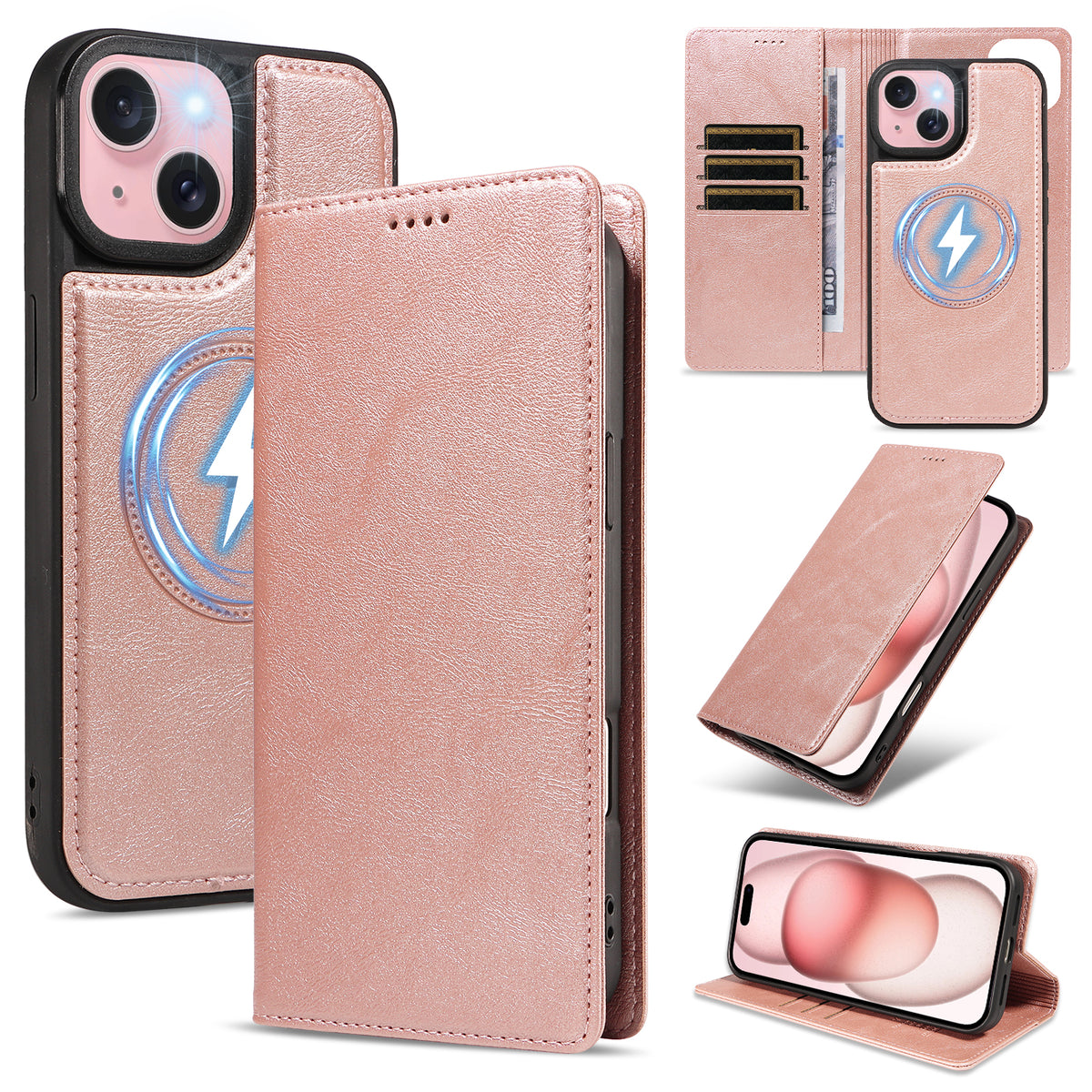 For iPhone 15 Magnetic Case Detachable 2 in 1 Leather Wallet Phone Cover