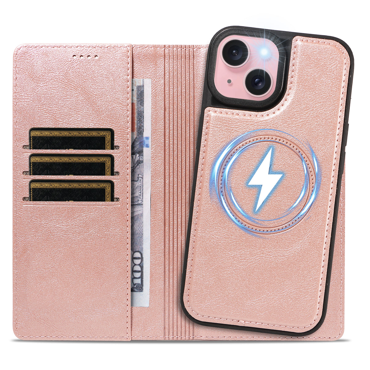 For iPhone 15 Magnetic Case Detachable 2 in 1 Leather Wallet Phone Cover
