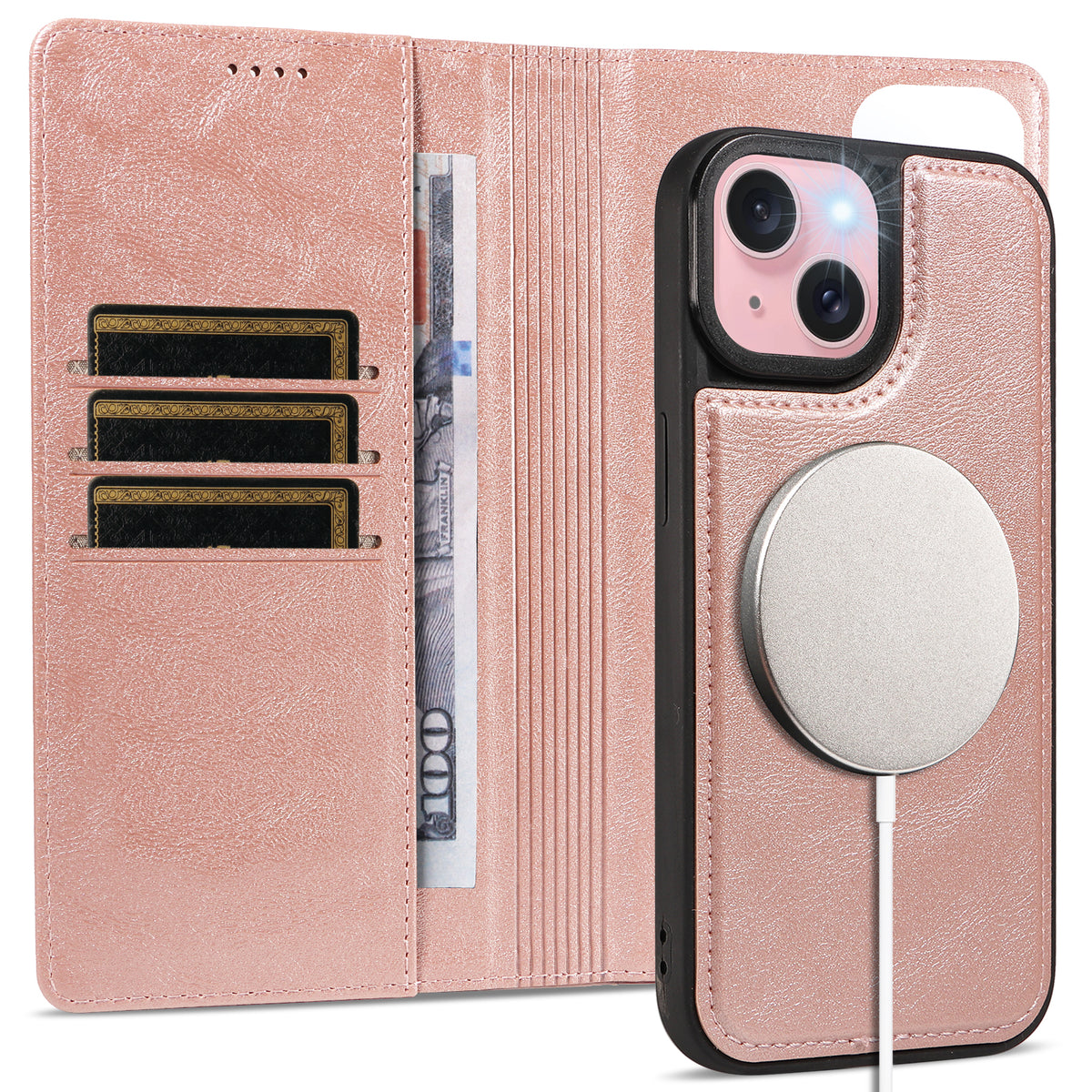 For iPhone 15 Magnetic Case Detachable 2 in 1 Leather Wallet Phone Cover