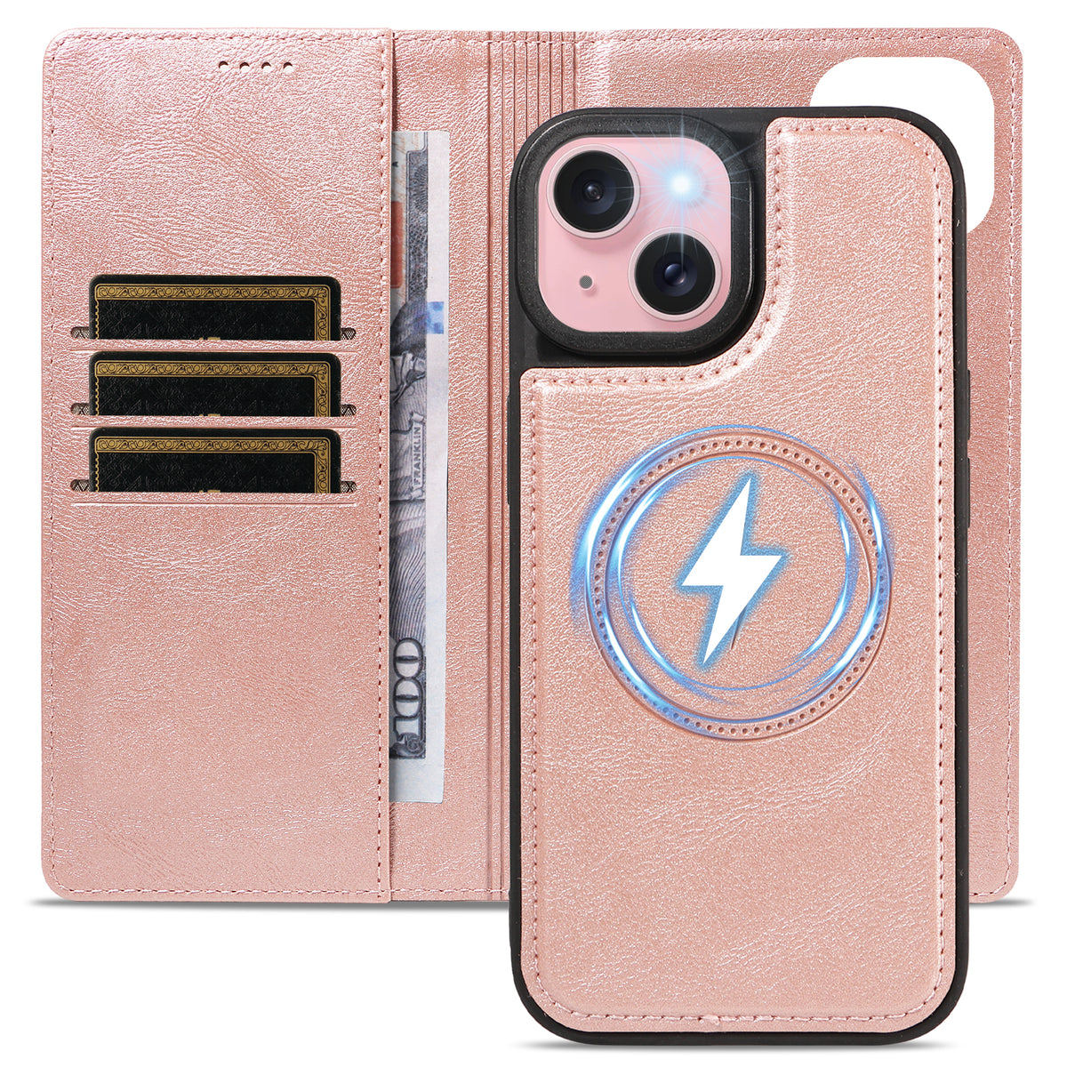 For iPhone 15 Magnetic Case Detachable 2 in 1 Leather Wallet Phone Cover