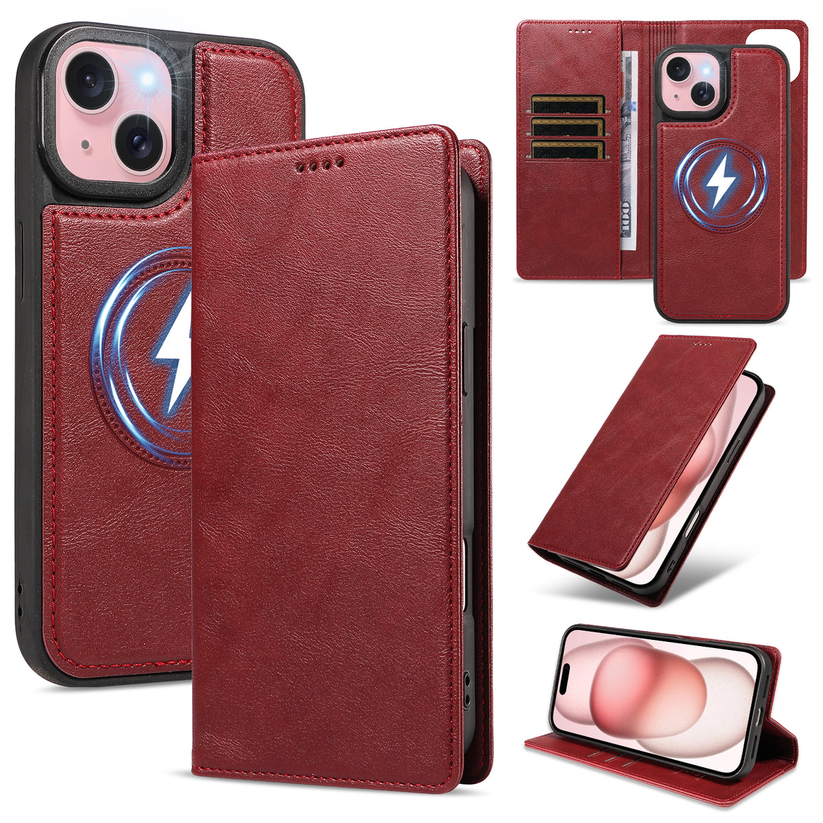 For iPhone 15 Magnetic Case Detachable 2 in 1 Leather Wallet Phone Cover