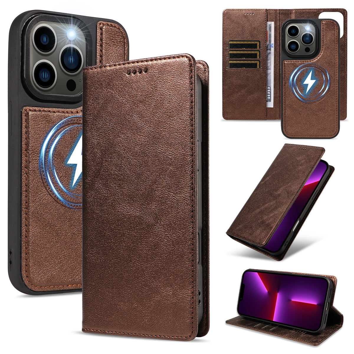 For iPhone 13 Pro Magnetic Case Detachable 2 in 1 Leather Wallet Phone Cover