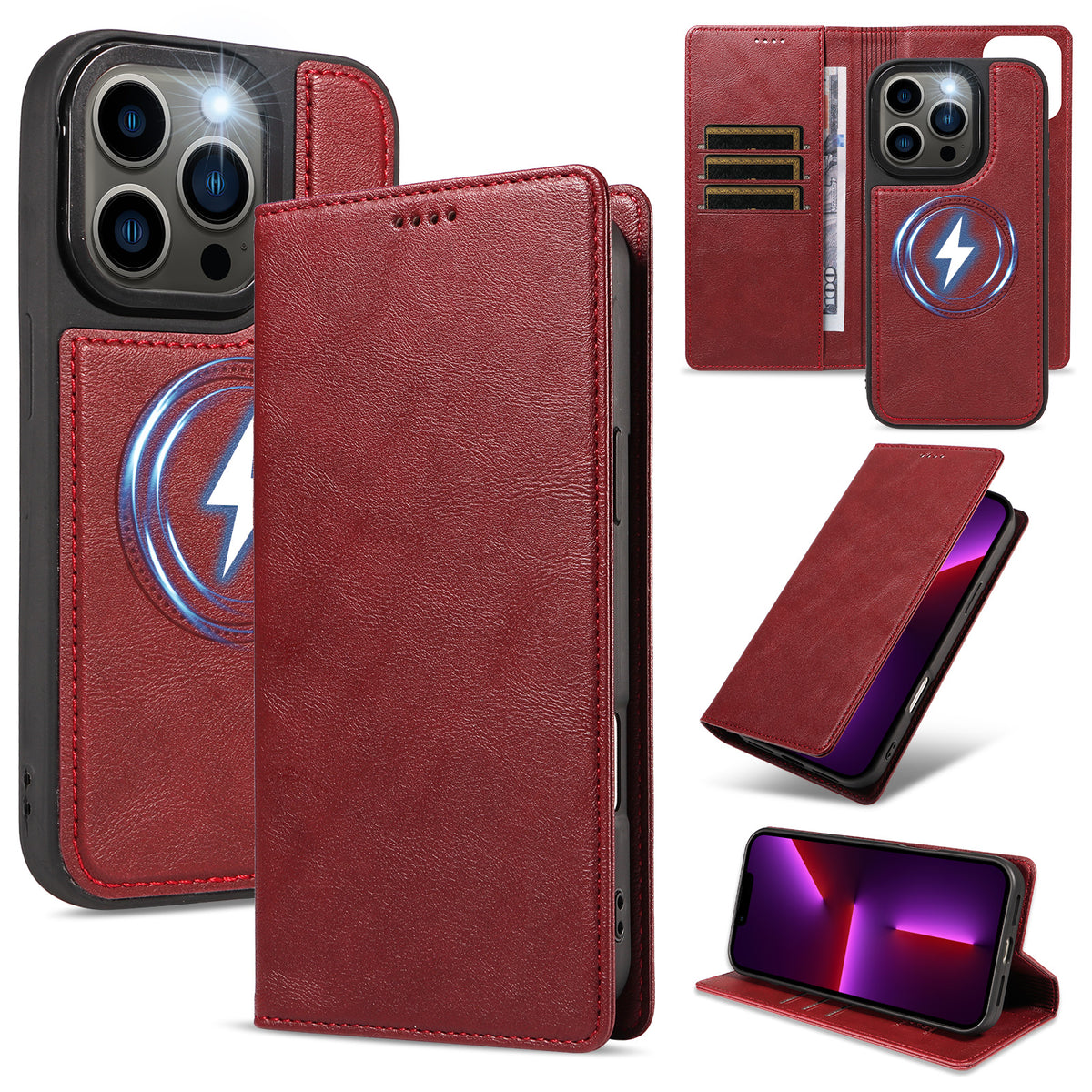 For iPhone 13 Pro Magnetic Case Detachable 2 in 1 Leather Wallet Phone Cover