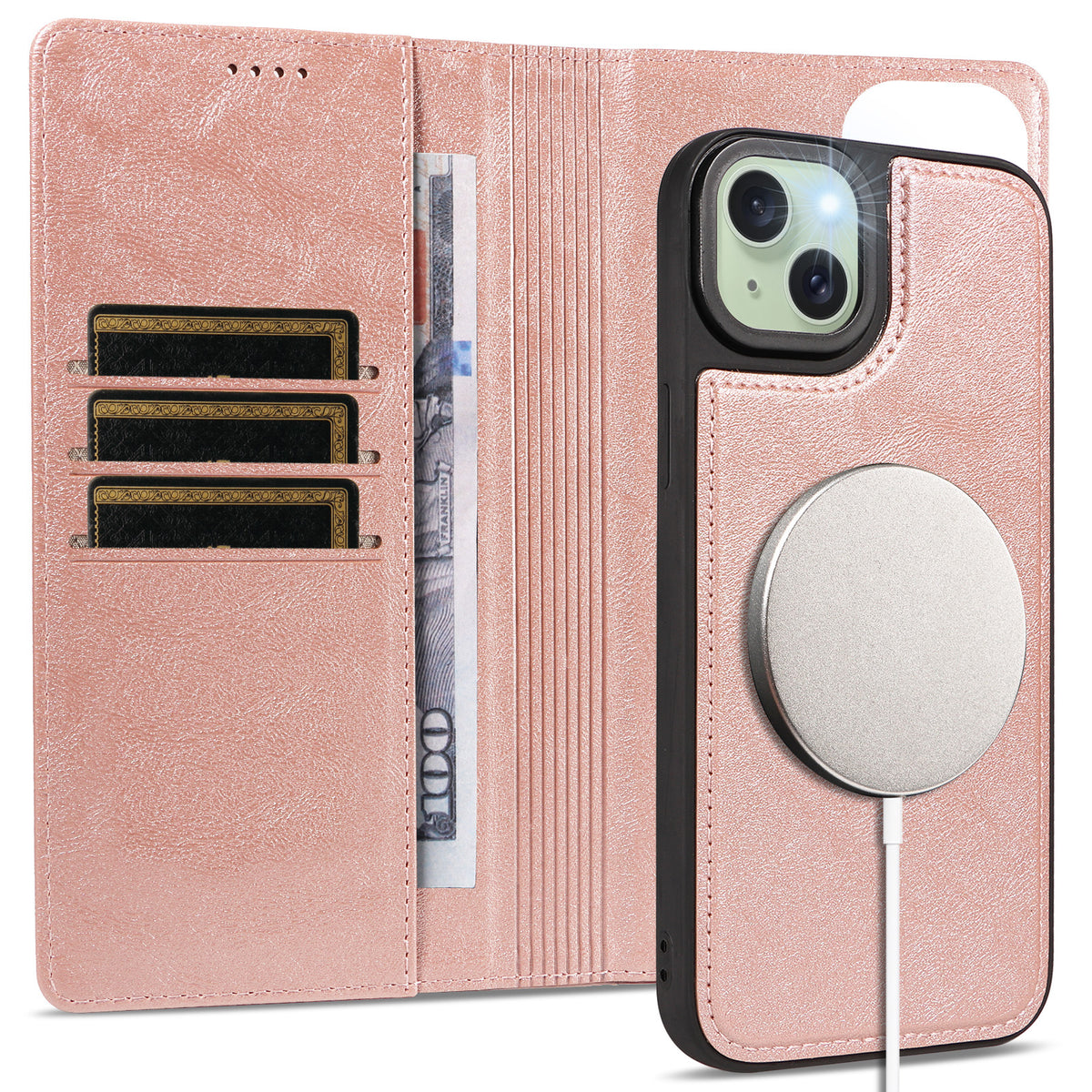 For iPhone 15 Plus Magnetic Case Detachable 2 in 1 Leather Wallet Phone Cover