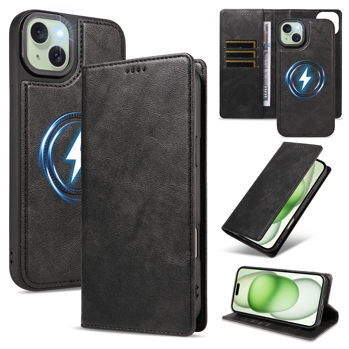 For iPhone 15 Plus Magnetic Case Detachable 2 in 1 Leather Wallet Phone Cover