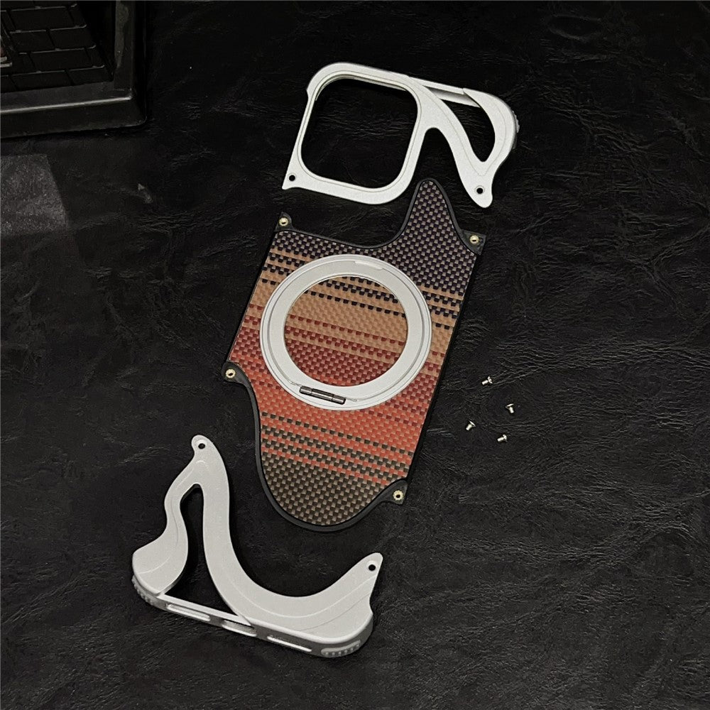 For iPhone 16 Pro Case Rotating Magnetic Kickstand Carbon Fiber Texture PC + Metal Shockproof Phone Cover