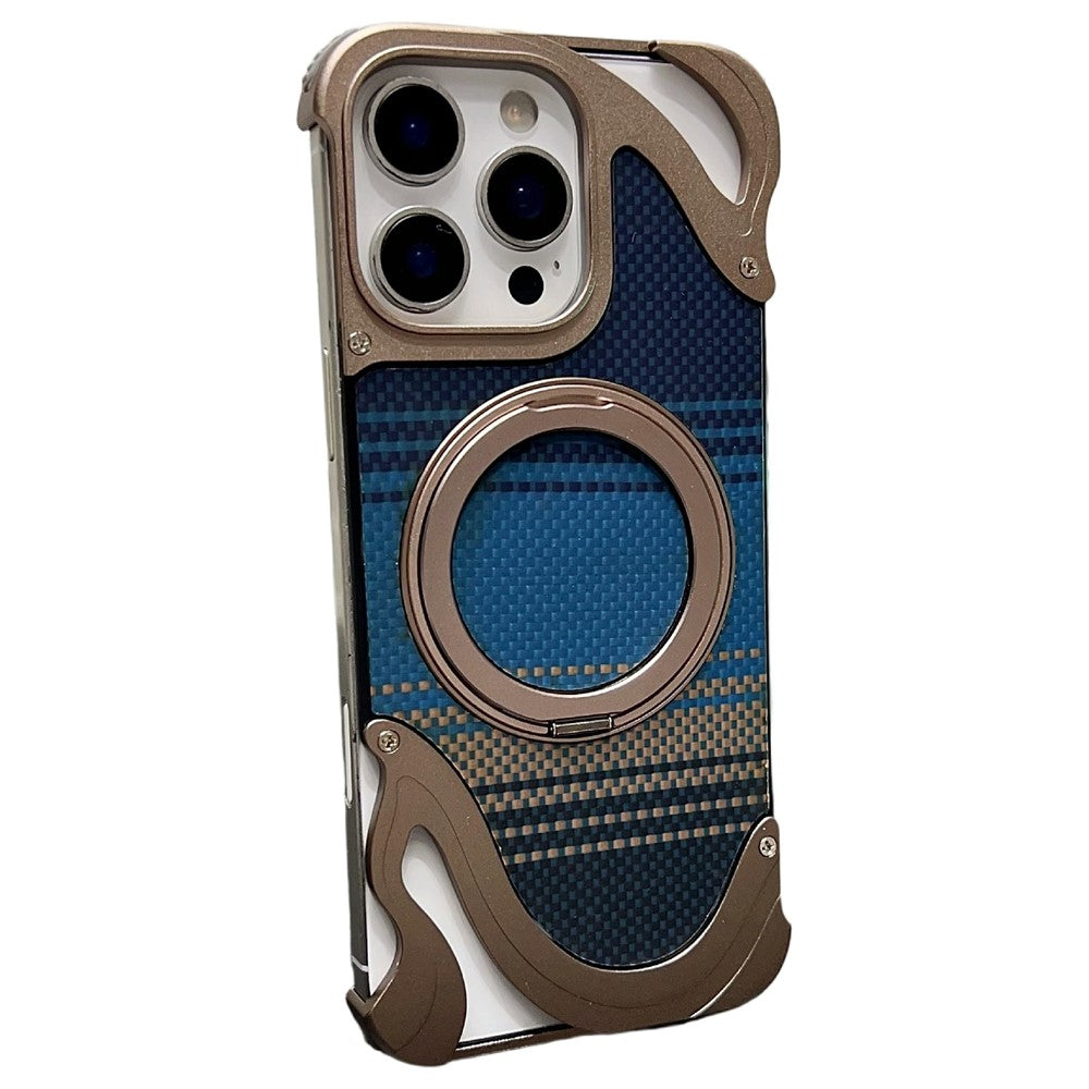 For iPhone 16 Pro Case Magnetic Kickstand Carbon Fiber Texture PC + Metal Protective Cover