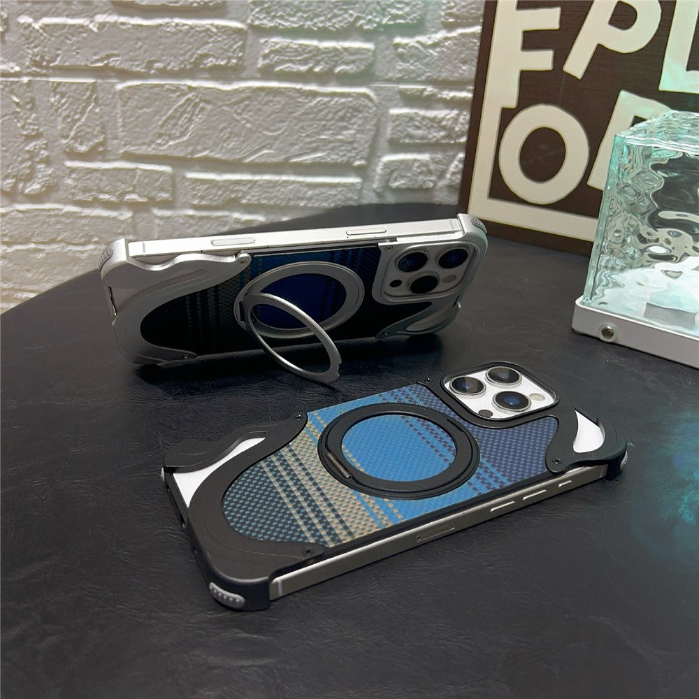 For iPhone 16 Pro Case Magnetic Kickstand Carbon Fiber Texture PC + Metal Protective Cover