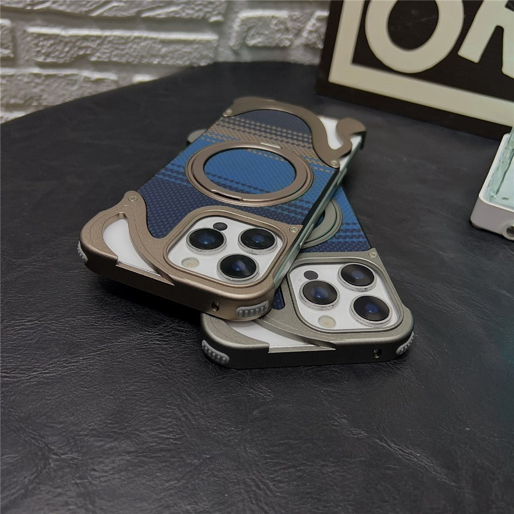 For iPhone 16 Pro Case Magnetic Kickstand Carbon Fiber Texture PC + Metal Protective Cover