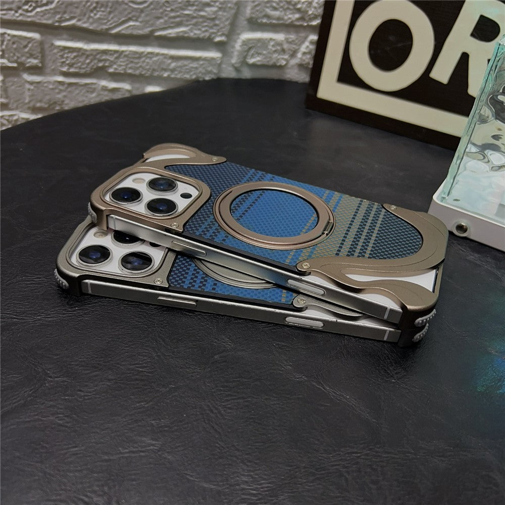For iPhone 16 Pro Case Magnetic Kickstand Carbon Fiber Texture PC + Metal Protective Cover