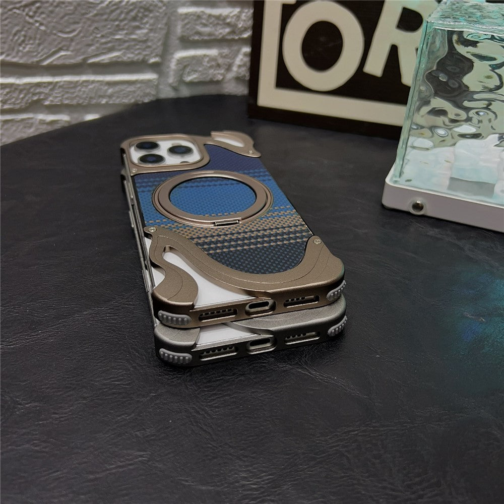For iPhone 16 Pro Case Magnetic Kickstand Carbon Fiber Texture PC + Metal Protective Cover