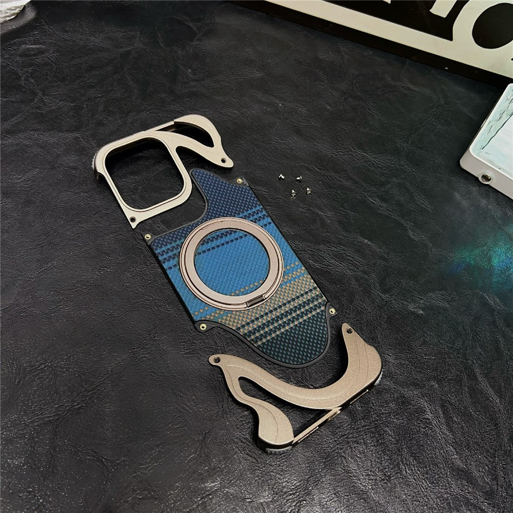 For iPhone 16 Pro Case Magnetic Kickstand Carbon Fiber Texture PC + Metal Protective Cover