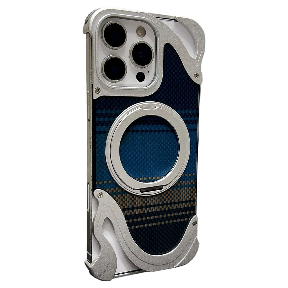 For iPhone 16 Pro Case Magnetic Kickstand Carbon Fiber Texture PC + Metal Protective Cover