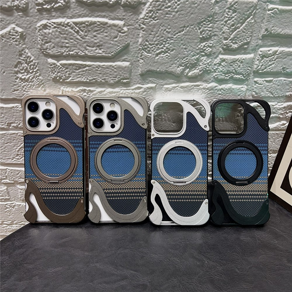 For iPhone 16 Pro Max Case Magnetic Kickstand Carbon Fiber Texture PC + Metal Protective Cover