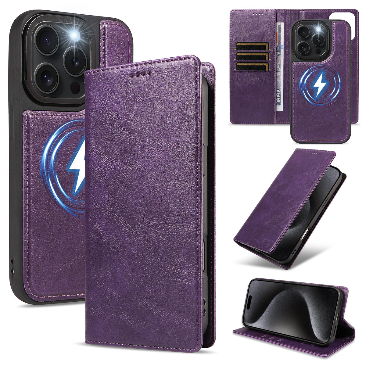 For iPhone 15 Pro Magnetic Case Detachable 2 in 1 Leather Wallet Phone Cover