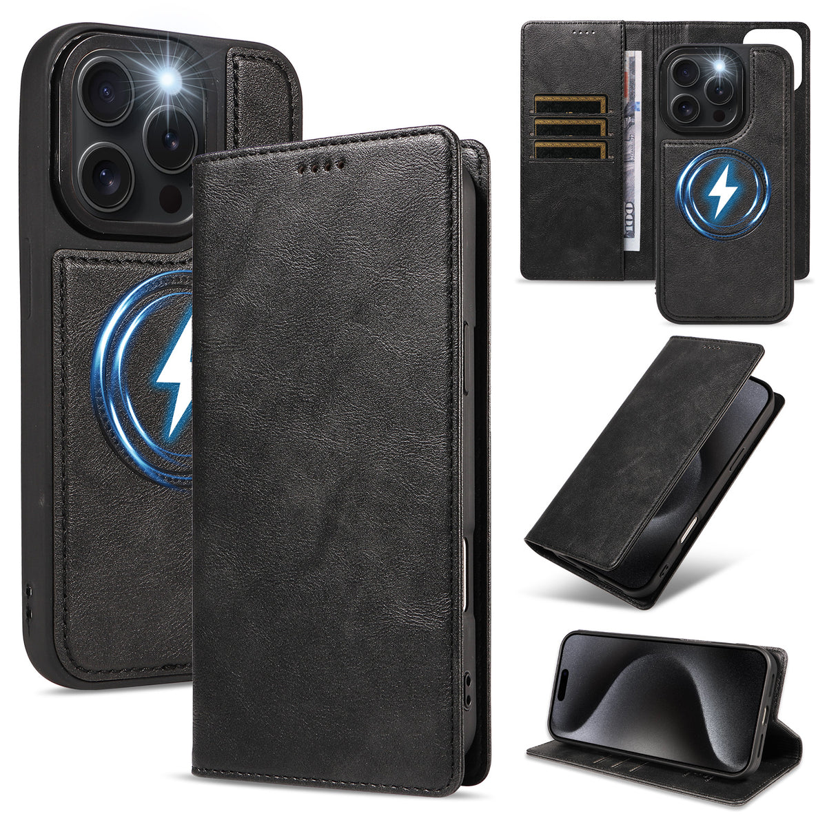 For iPhone 15 Pro Magnetic Case Detachable 2 in 1 Leather Wallet Phone Cover