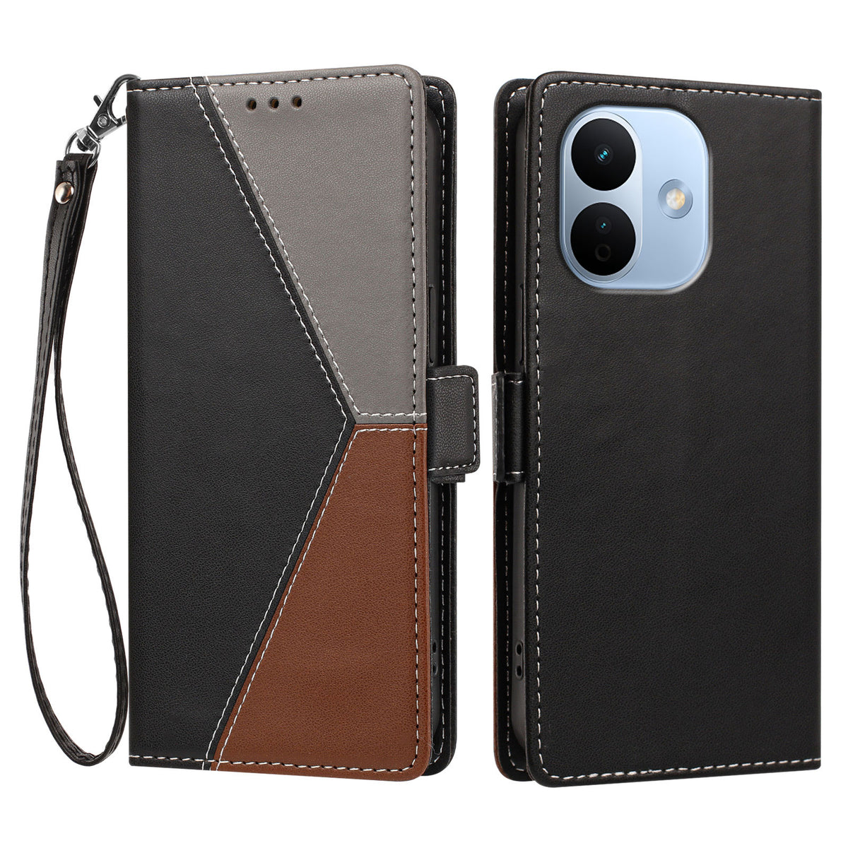 For Xiaomi Redmi Note 17 Pro 5G Case Color Stitching RFID Blocking Wallet Flip Leather Phone Cover with Wrist Strap