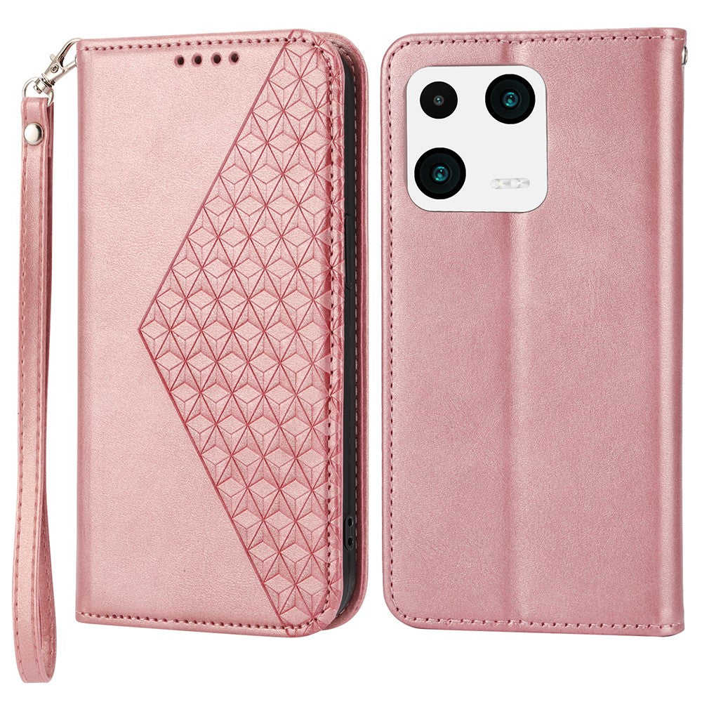 Imprinted Rhombus Pattern Phone Pouch Case for Xiaomi 13 Pro 5G, Calf Texture PU Leather Wallet Stand Magnetic Closure Cover