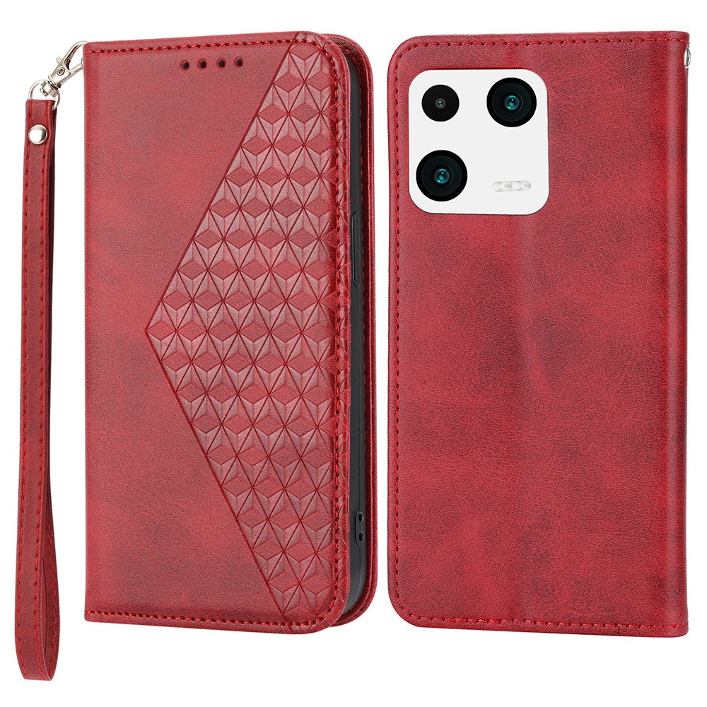 Imprinted Rhombus Pattern Phone Pouch Case for Xiaomi 13 Pro 5G, Calf Texture PU Leather Wallet Stand Magnetic Closure Cover