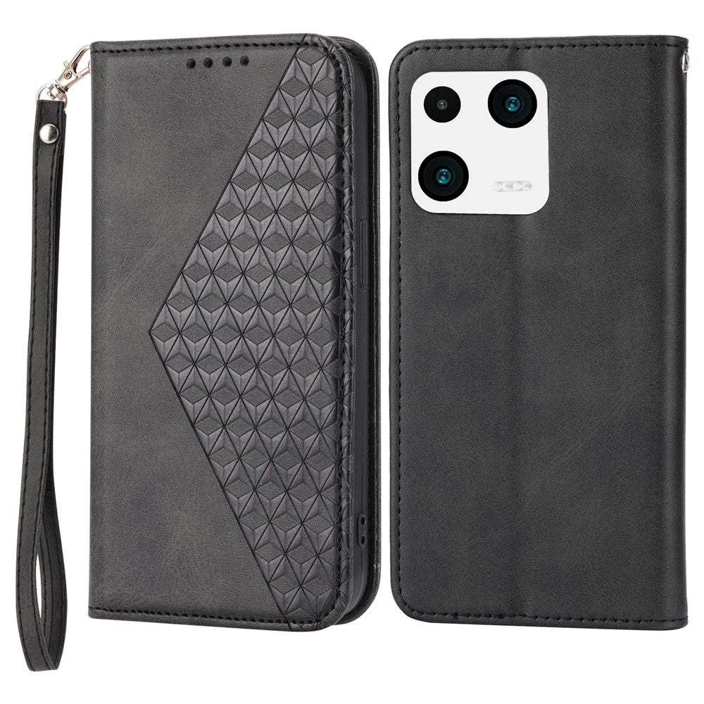 Imprinted Rhombus Pattern Phone Pouch Case for Xiaomi 13 Pro 5G, Calf Texture PU Leather Wallet Stand Magnetic Closure Cover