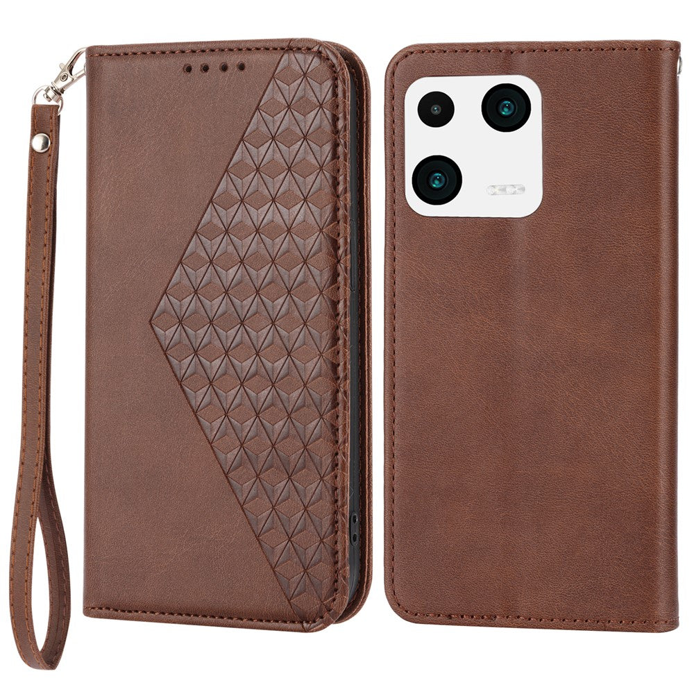 Imprinted Rhombus Pattern Phone Pouch Case for Xiaomi 13 Pro 5G, Calf Texture PU Leather Wallet Stand Magnetic Closure Cover