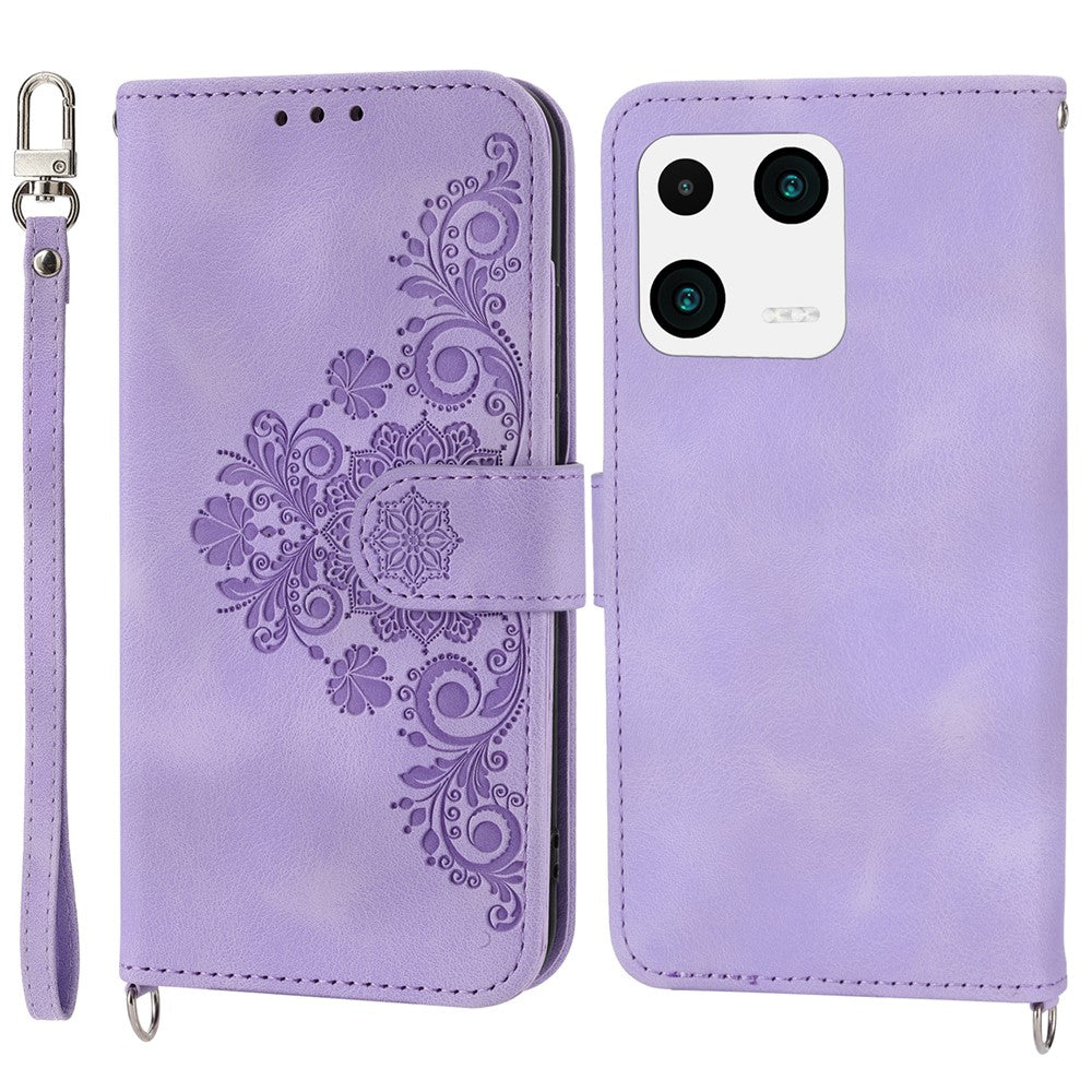 For Xiaomi 13 PU Leather Wallet Phone Cover Skin-touch Feeling Imprinted Flowers Stand Case with Wrist Strap and Shoulder Strap