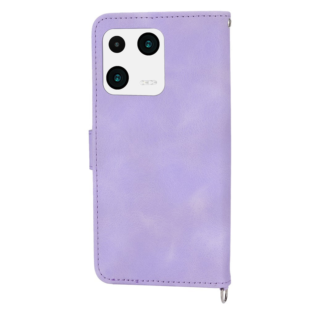 For Xiaomi 13 PU Leather Wallet Phone Cover Skin-touch Feeling Imprinted Flowers Stand Case with Wrist Strap and Shoulder Strap