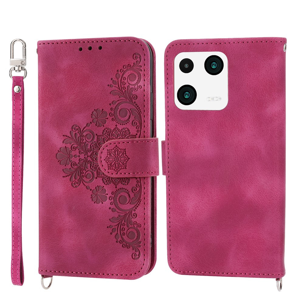 For Xiaomi 13 PU Leather Wallet Phone Cover Skin-touch Feeling Imprinted Flowers Stand Case with Wrist Strap and Shoulder Strap