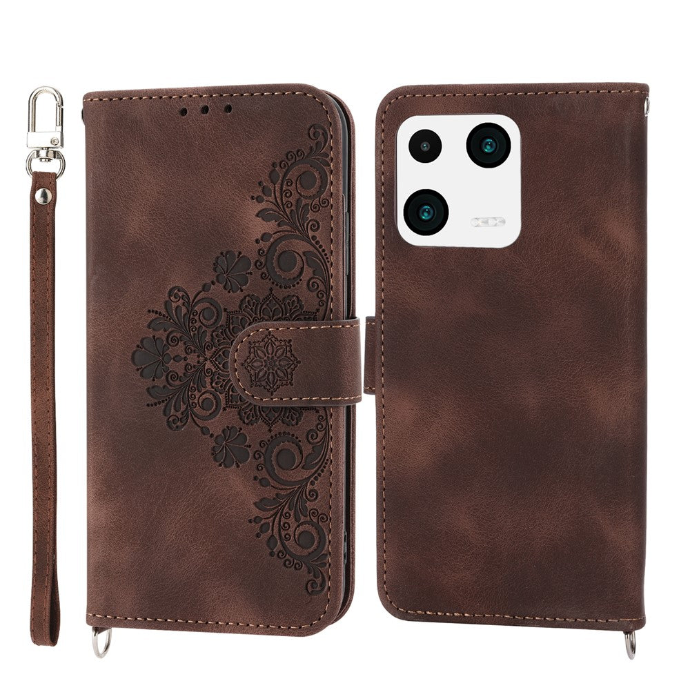 For Xiaomi 13 PU Leather Wallet Phone Cover Skin-touch Feeling Imprinted Flowers Stand Case with Wrist Strap and Shoulder Strap