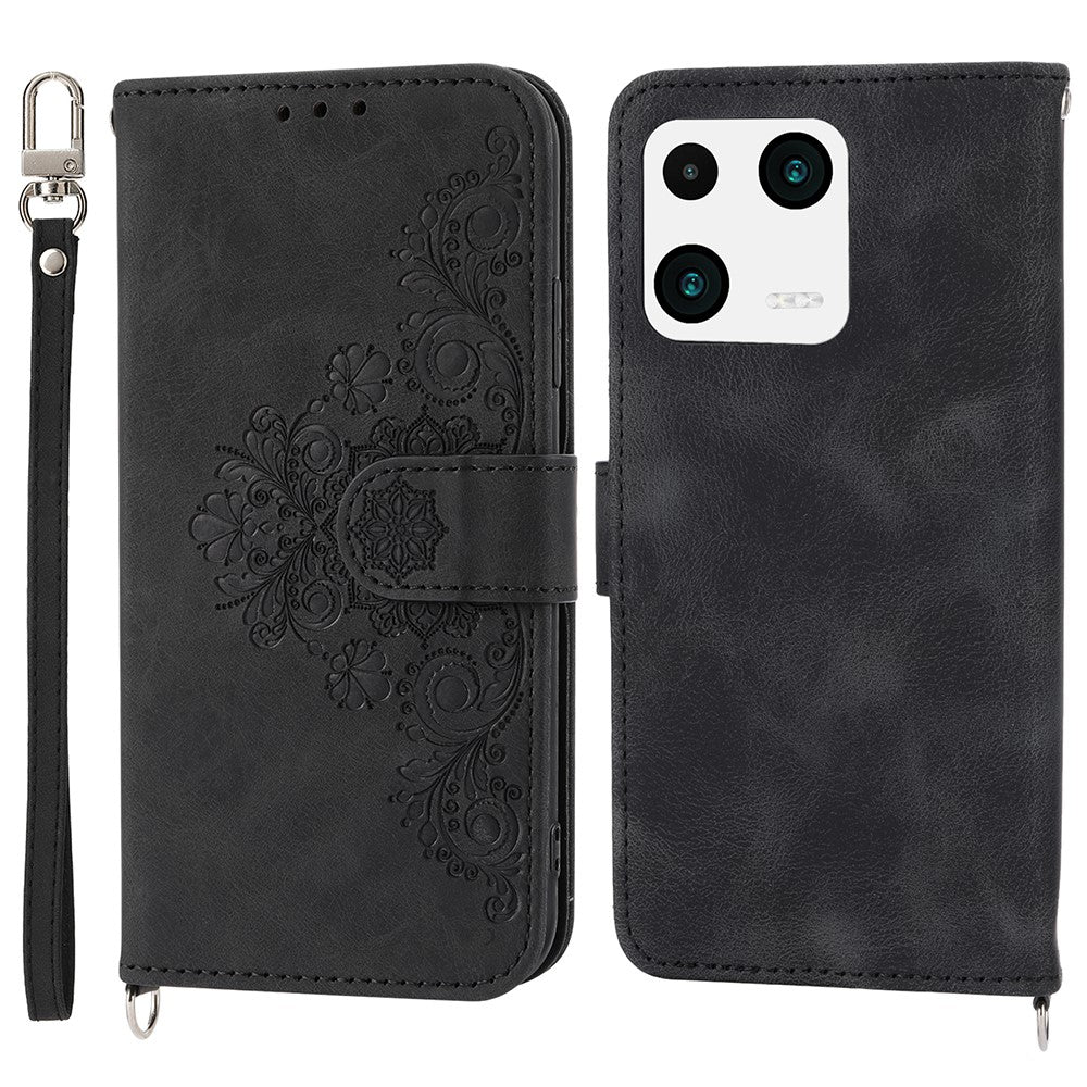 For Xiaomi 13 PU Leather Wallet Phone Cover Skin-touch Feeling Imprinted Flowers Stand Case with Wrist Strap and Shoulder Strap