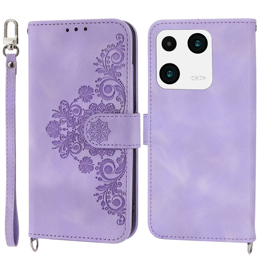 Shoulder Bag Phone Case for Xiaomi 13 Pro 5G, Wallet Function Skin-touch Feeling Imprinted Flowers Stand Leather Wristlet Pouch