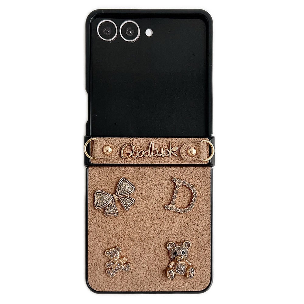 Til Samsung Galaxy Z Flip8 Cover Månekrater Tekstur Læder + PC Beskyttende Cover med Rhinestone Metal Charms