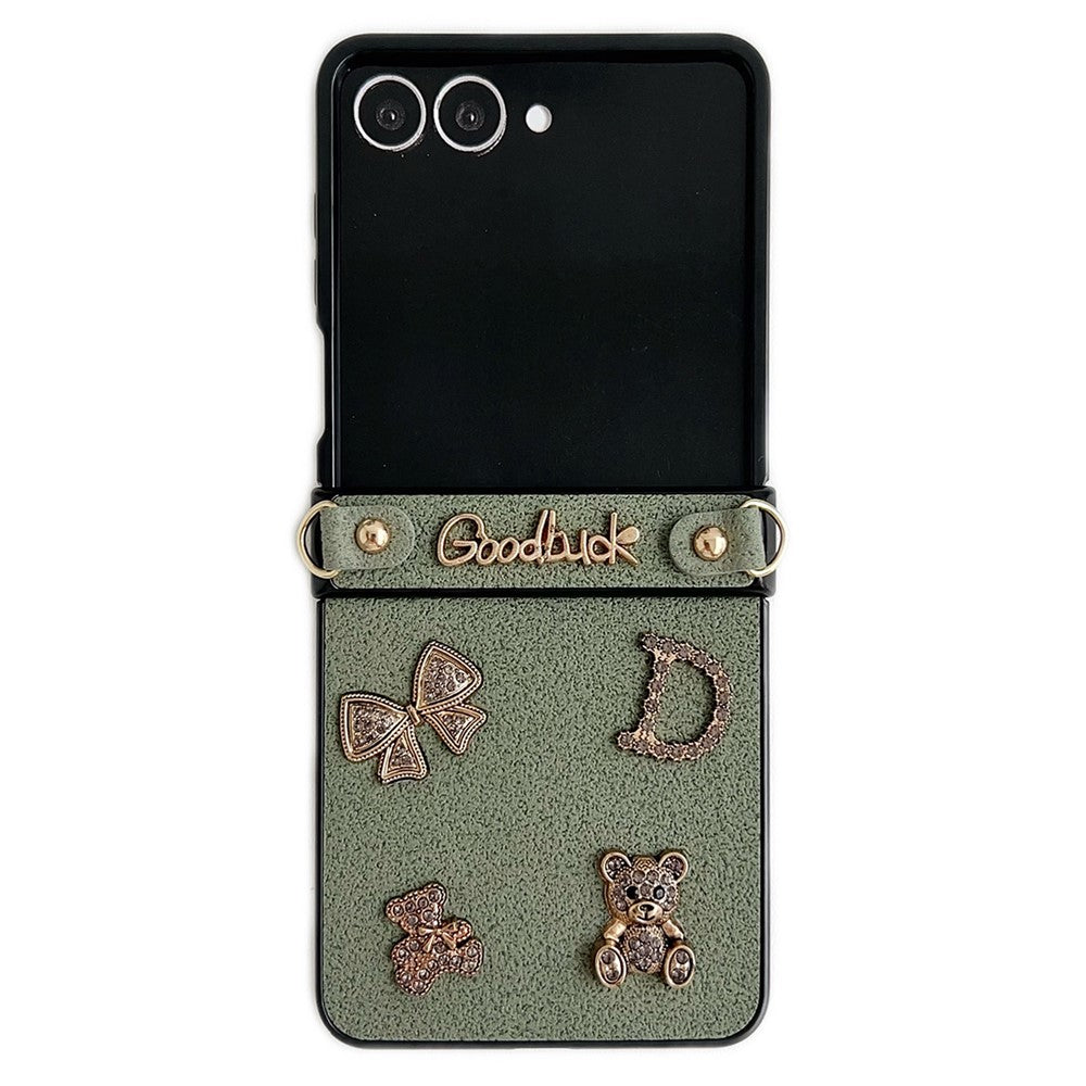Til Samsung Galaxy Z Flip8 Cover Månekrater Tekstur Læder + PC Beskyttende Cover med Rhinestone Metal Charms