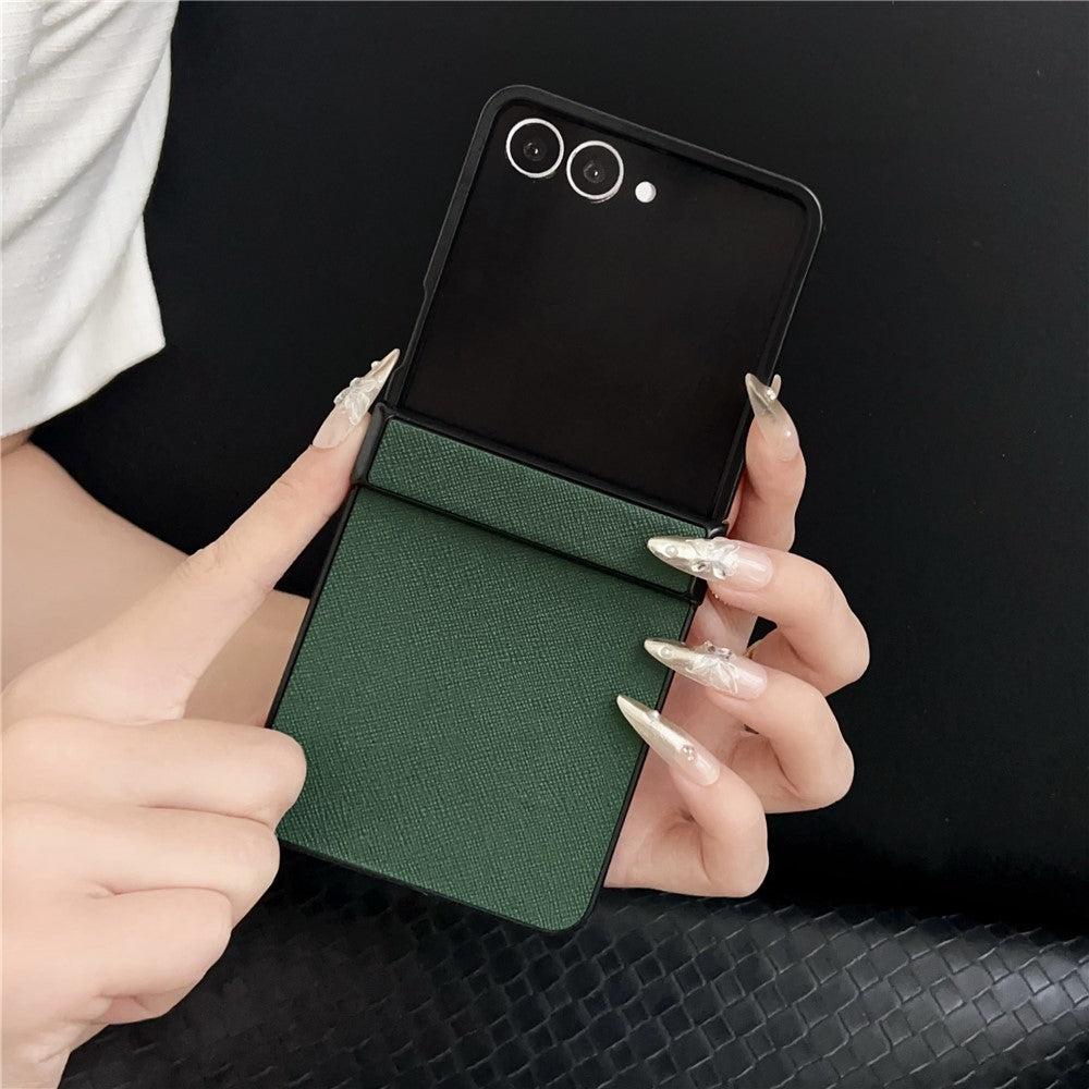 For Samsung Galaxy Z Flip7 5G Case Cross Texture Hinge Protection Leather + PC Foldable Phone Cover