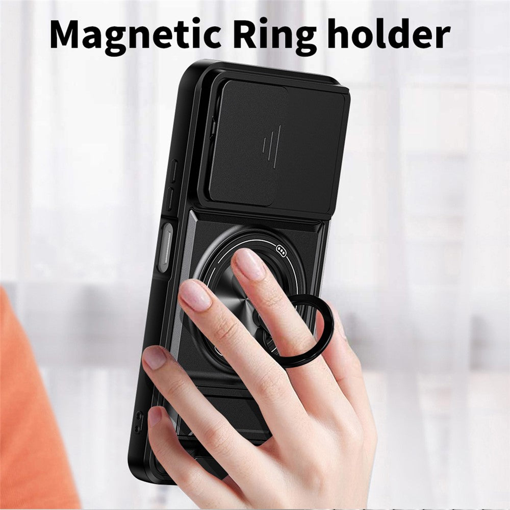 For TECNO Pova 8 5G Magnetic Case Ring Holder Foldable Kickstand TPU PC Phone Cover with Camera Lens Slider