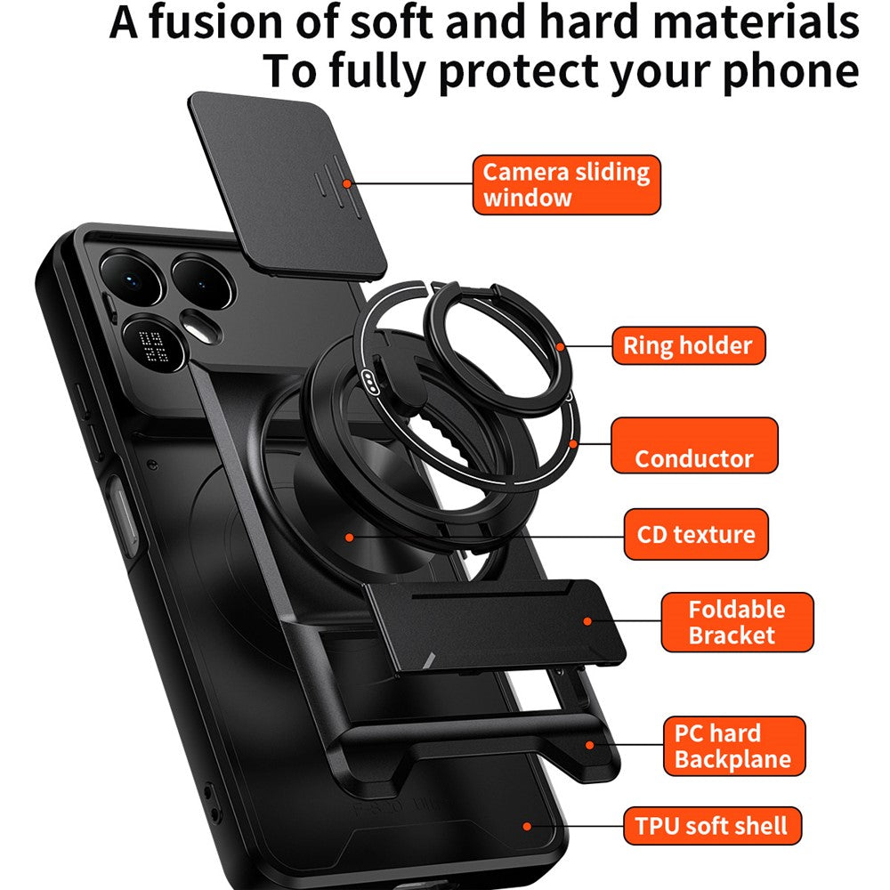 For TECNO Pova 8 5G Magnetic Case Ring Holder Foldable Kickstand TPU PC Phone Cover with Camera Lens Slider