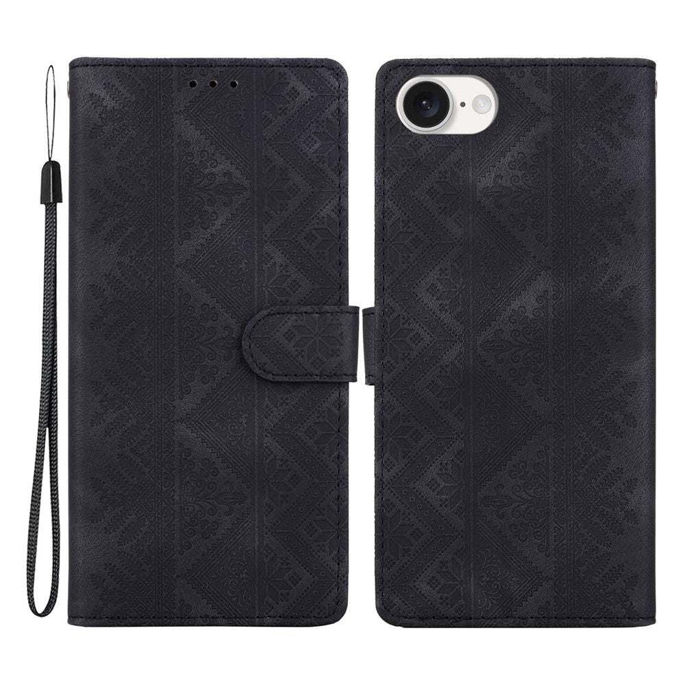 For iPhone 17th / 16th Wallet Case Imprinted Ethnic Pattern Leather Phone Cover with Wrist Strap