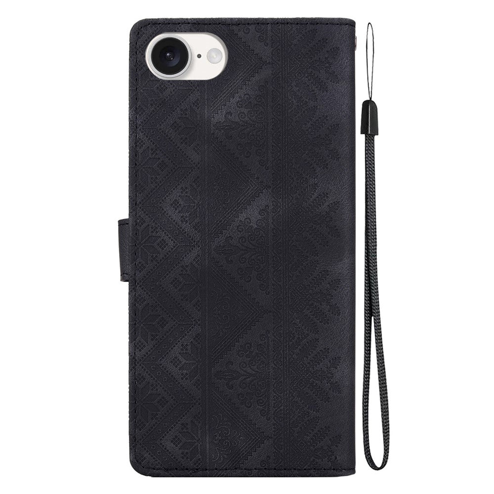 For iPhone 17th / 16th Wallet Case Imprinted Ethnic Pattern Leather Phone Cover with Wrist Strap