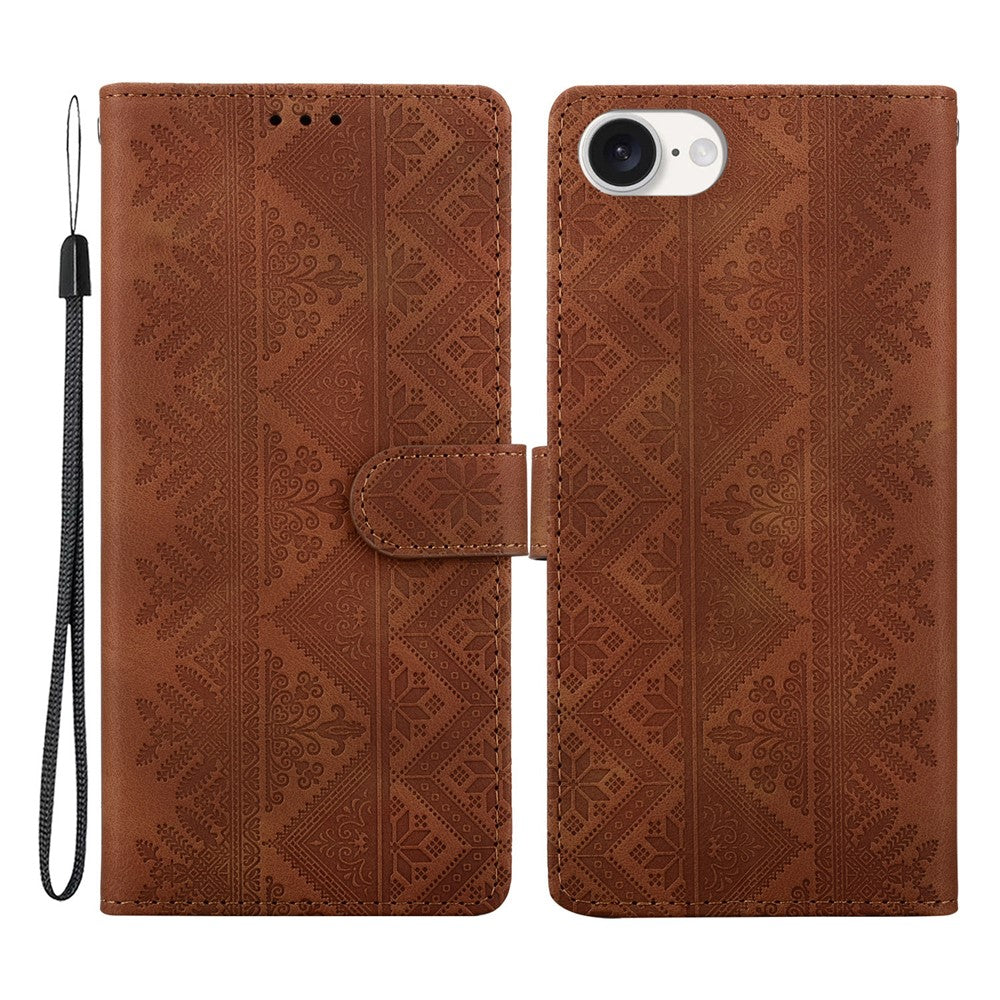 For iPhone 17th / 16th Wallet Case Imprinted Ethnic Pattern Leather Phone Cover with Wrist Strap