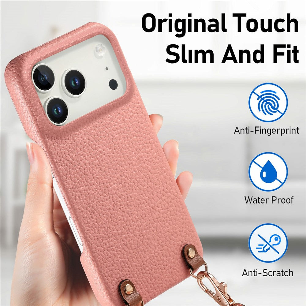 For iPhone 18 Pro Max / 17 Pro Max Litchi Pattern Case with Lanyard Shockproof PC PU Leather Cover