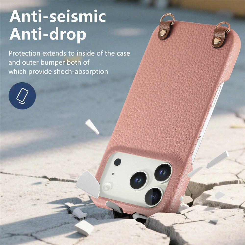 For iPhone 18 Pro / 17 Pro Litchi Pattern Case with Lanyard Shockproof PC PU Leather Cover