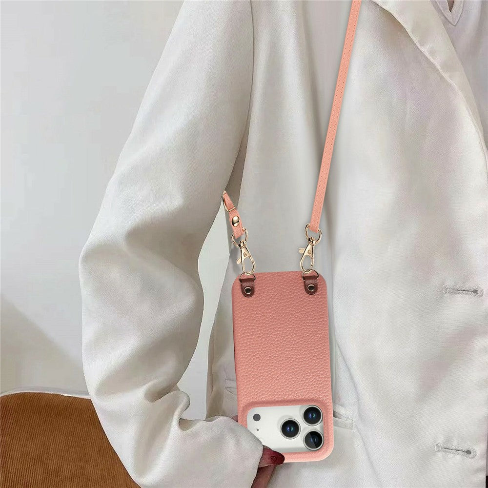 For iPhone 18 Pro / 17 Pro Litchi Pattern Case with Lanyard Shockproof PC PU Leather Cover