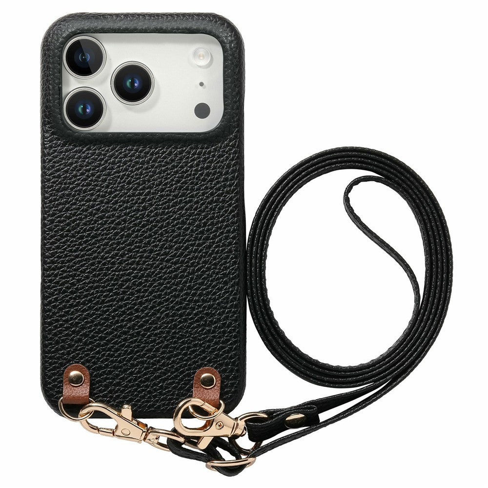 Til iPhone 18 Pro / 17 Pro Litchi-mønster etui med snor Stødsikkert PC PU-lædercover