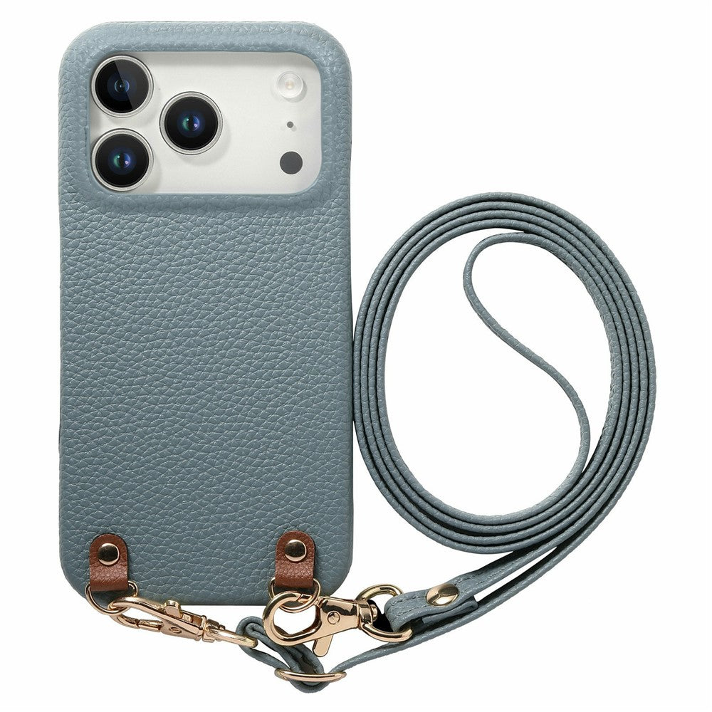 For iPhone 18 Pro / 17 Pro Litchi Pattern Case with Lanyard Shockproof PC PU Leather Cover